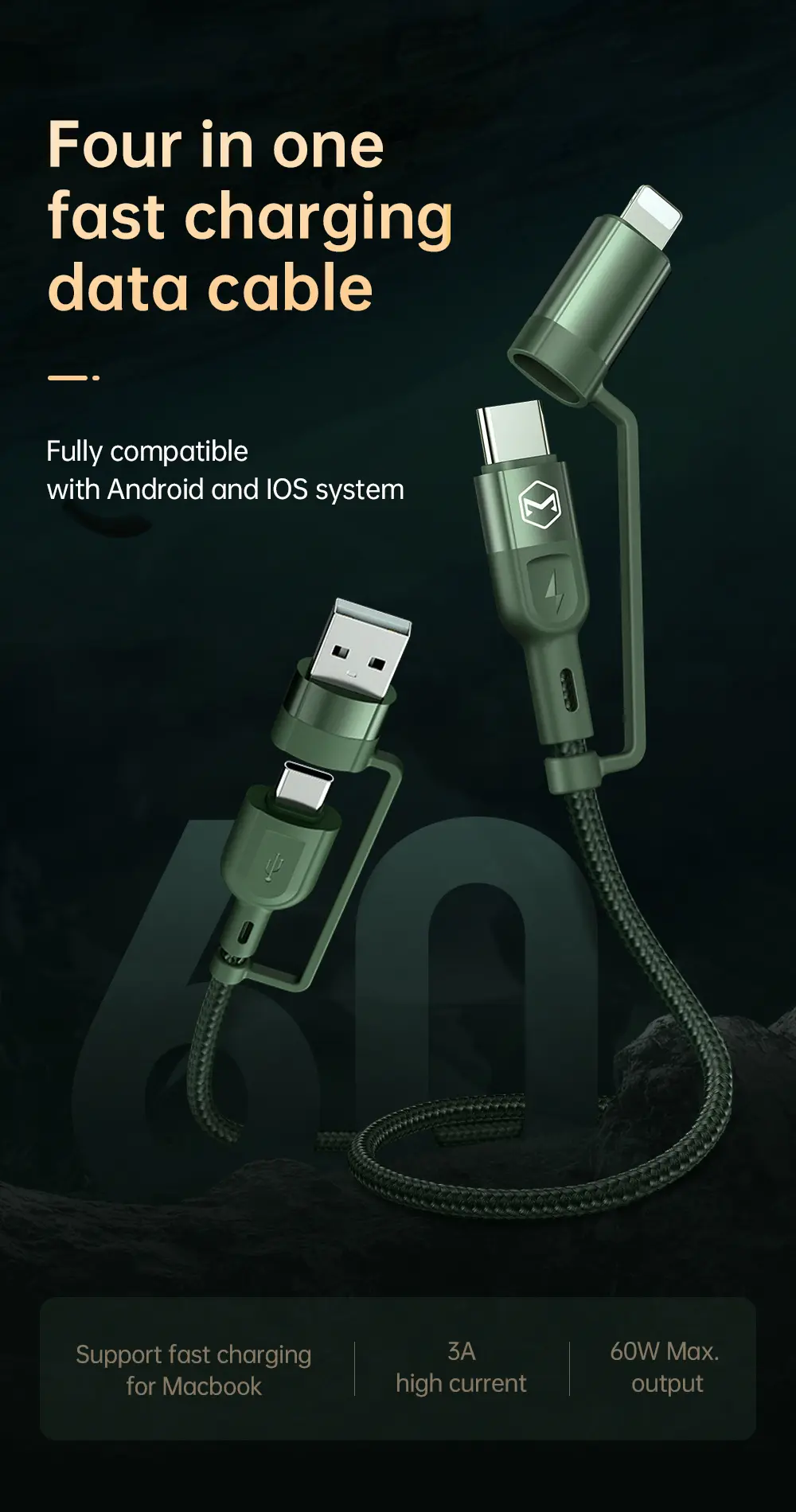 Mcdodo 4-IN-1 Cable สายชาร์จ (USB-C & USB-A to USB-C | Lightning | PD | 1.2M ) - Black
