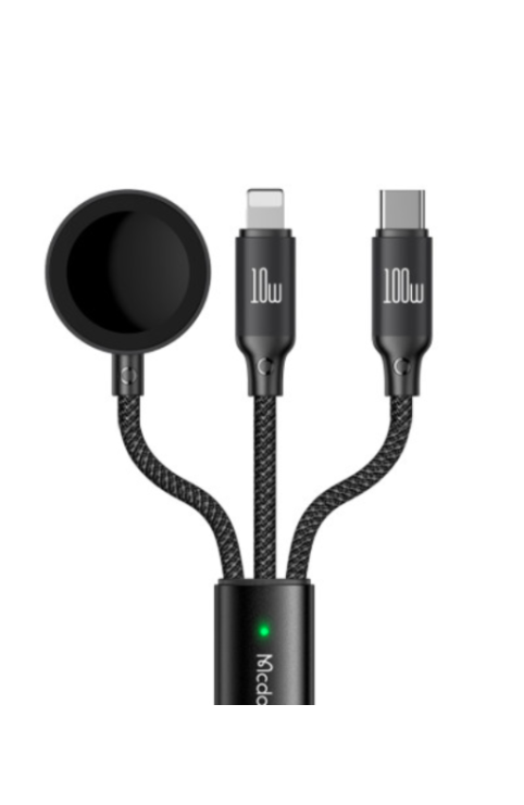 Mcdodo 3-IN-1 Cable สายชาร์จ Apple Watch แบบแม่เหล็ก (USB-C to USB-C | Lightning | PD | 1.2M | 100W) - Black