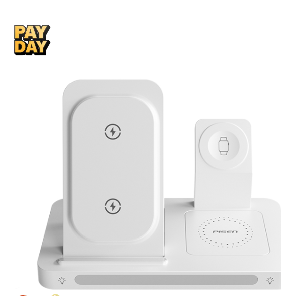 PISEN Multifunctional Foldable Wireless Charging Station Night light Version แท่นชาร์จอุปกรณ์ไร้สายแบบ 3 in 1 - White